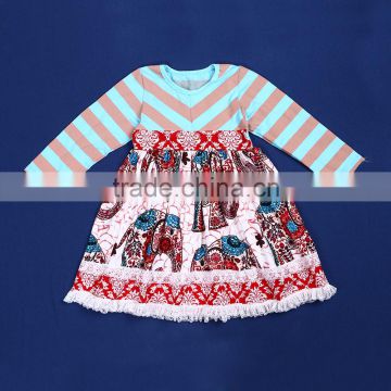 2015 children spring fall clothing stripe long sleeves cotton tops and elephant print skirt baby girls party dress YW-032