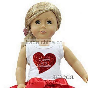 18" American Girl Doll Embroidered Daddy is my Valentine Red Heart White Tank Top