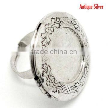 5PCs Antique Silver Round Photo Frame Locket Rings 17.5mm US 7, Fit 24mm Dia. Ring Setting