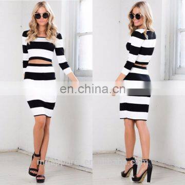New Arrival Black Stripe Long Sleeve Woman Crop Top and Skirt Set