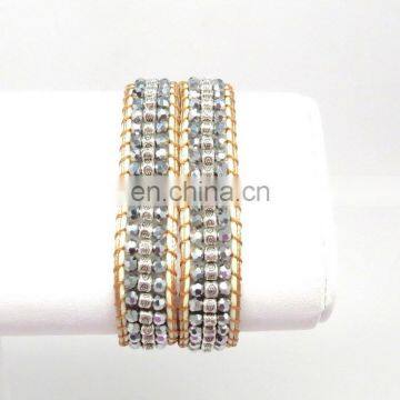 Handmade Beaded Wrap Bracelet Features 3 Rows of Circular and Square Stones Surrounded by a Natural Colored Cord on Both Sides photo-2