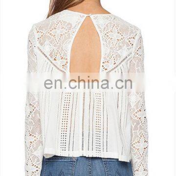 Fashion Modeling Long Sleeve Hollow-out White Lace Blouse, Wholesale Bohemian Clothing Burnout Floral Lace Blouse for Women photo-3