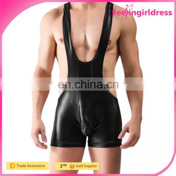 2016 Hot Black High Waist Men Singlet Weight Lifting Faux Leather Fabric Bodysuit