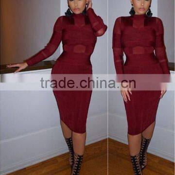 2016 new women winter dress sey luury bodycon wine red long sleeve tuetleneck mesh evening party prom ball bandage Dress