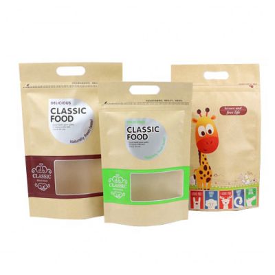 Wholesale Custom Printed Clear Window Stand Up Brown Kraft Zipper Paper Bag For Snack Pouches Packaging