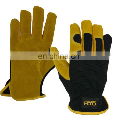 HANDLANDY Yellow Cowhide Leather Dexterity Breathable Gardening  Leather Gloves For Men and Women