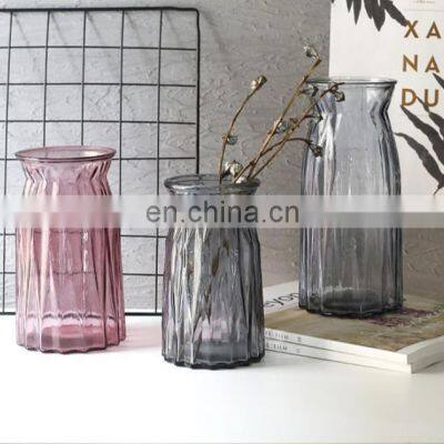 New Design Wholesale Nordic Stripe Modern Wedding Home Decor Decorative Tabletop Creative Round Clear Grey Glass Pot Flower Vase