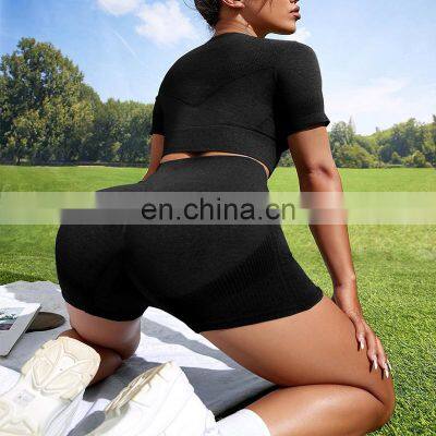 Seamless Two Piece Yoga Wear Custom Workout Short Sleeve Crop Top And Shorts Women Activewear Private Gym Fitness Sets photo-4