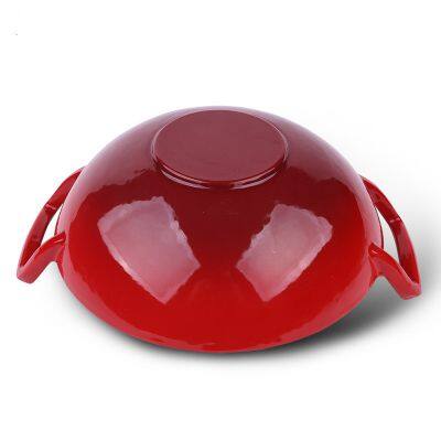 36cm Cast Iron Enamelled Wok Big Size Chinese Wok Red Double-handle Pot for Home Restaurant Chef Cooking photo-2