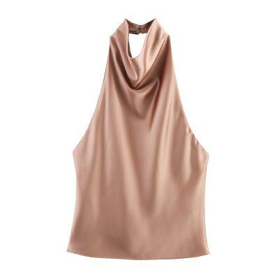 Summer New European and American Style Women's Fashionable and Sexy Spicy Girl Silk Texture Hanging Neck Top photo-2