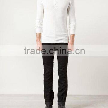 Long Sleeves Fastener Collar Plain White Cotton t Shirt photo-2