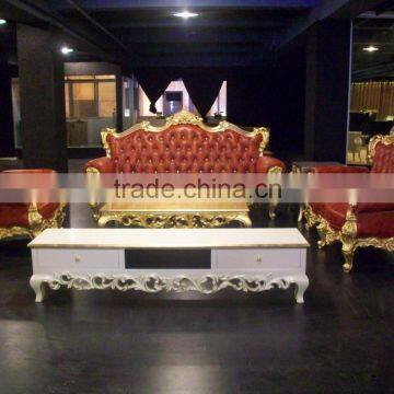 Gold wooden frame red leather sofa set A10192