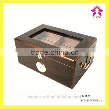 Noble Exquisite Wooden Luxury Fabric Cigar Humidor Gift Boxes With Glass Lid Cabinet Hygroscope Storage Glasstop Tobacco Box photo-2