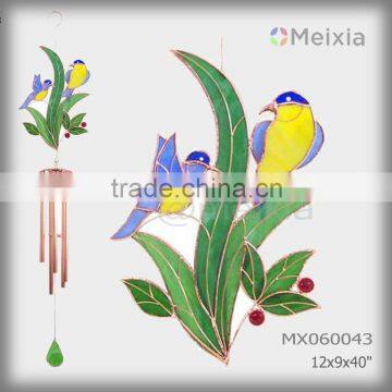 MX060043 wholesale wind chime with tiffany style stained glass bird and flower craft decoration top and metal wind chime pipe