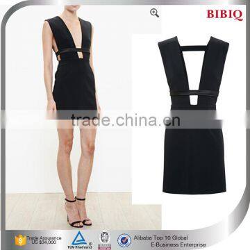 2015 Fall Sexy Deep Front And Back V Open Sides One Piece Black Club Dress