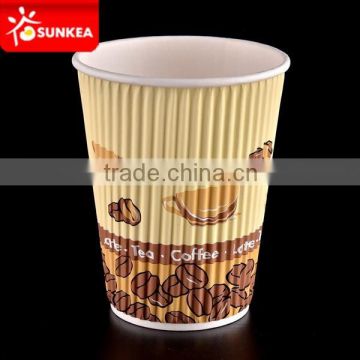 Logo print 12oz 400ml disposable hot coffee elegant ripple paper cup with lids