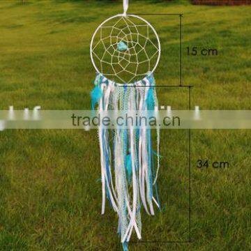 Blue Large White Dream Catcher - Ribbon Fringe Crocheted Mandala - Boho Plait Dream Catcher - Bohemian Crochet Dream Catcher