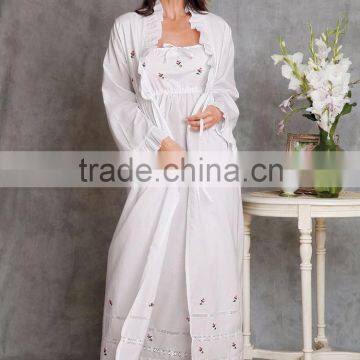 White cotton night dress and robe with floral embroidery