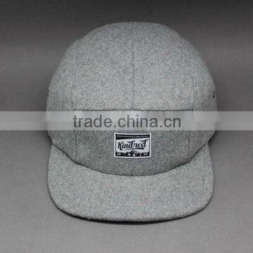 CUSTOM WOOL WOVEN LABEL GREY 5 PANEL HAT