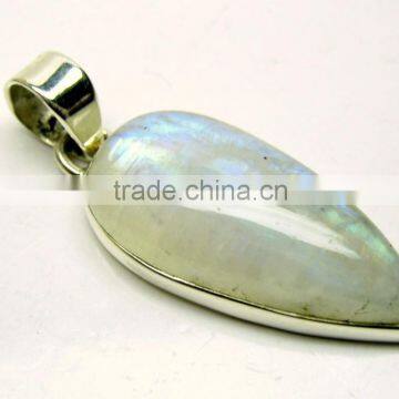 Rainbow Moonstone Long Pear Cabochon Oxidised Gemstone Pendant, 925 Solid Sterling Silver Pendant, Designer Bezel Pendant