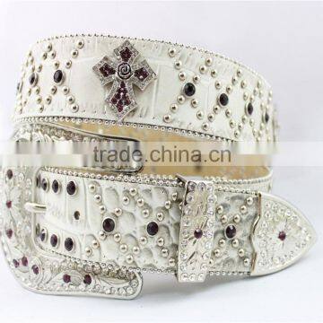 2016 New Design Western Rhinestone Leather Belt With Crystals Circle Chains and Studs Embedded