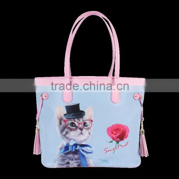 2016 new design cat printing PU handbag