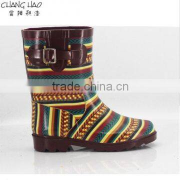 2016 new style Rubber rain boot women coloeful Fringe printed with Buckle short boot