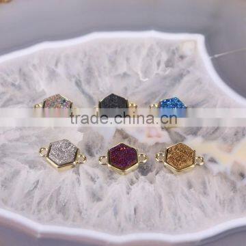 Fashion Titanium Quartz Stone Connector Beads, Hexagon shape Gold Plated Jewelry Gemstone Druzy Beads