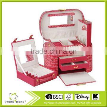 Hand Made Luxury Large Mirror Lockable Pink Gift Custom Leather Jewelry Box photo-3