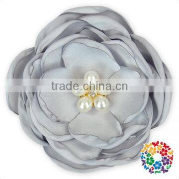 Pink Pearl Rhinestone Center Handmade Satin Ribbon Fabric Flower photo-4
