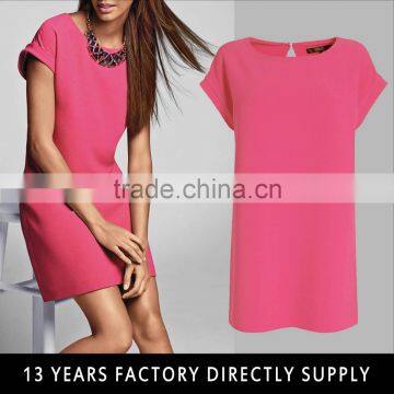 Valentine Fushia Color Women Short Sleeve Simple Design Shirt Dress