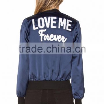 OEM Latest Lettering LOVE ME Back Embroidered Patch Bomber Jacket Customize 100% Polyester /Satin Jacket For Women