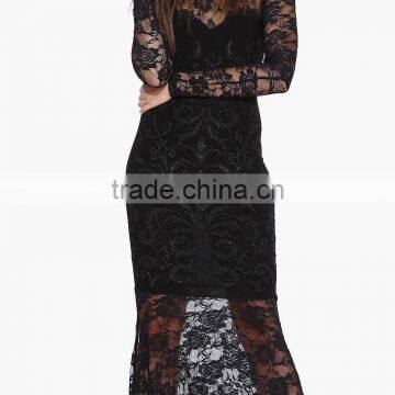 MGOO Fast Selling 2015 OEM/ODM Hollow Out Lace Dress Black Sheath Maxi Dress Long Sleeve Prom Dress D662 photo-5