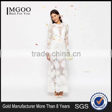 MGOO Lace 3D Floral Fishtail Maxi Dress Crew Neck Long Sleeves Embroidered Wedding Dress Bridal Grown