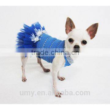 Blue Dog Tutu Dress Crochet Bling-bling Handmade Crocheted Wedding Designer Chihuahua Clothes Cat Costume photo-3