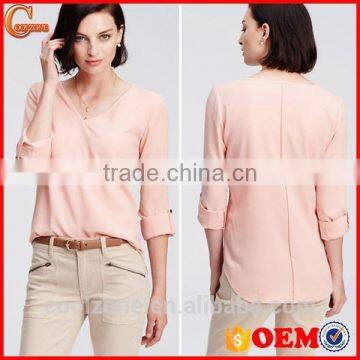 New Fashion High Quality Crepe v Neck Long Sleeve Woman Blouse