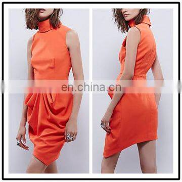 Turtle Neck Solid Plain Asymmetric Hem Tight Slim Garba Dress Orange NT6770