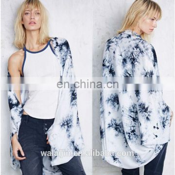 Long sleeve raw hem batwing fashion print kimono, cotton kimono