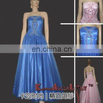 E0122 Fashionable tulle over shiny satin with beading detachable strap party dress