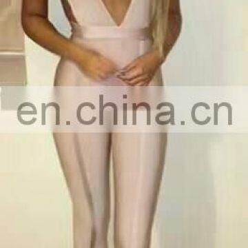 Amigo 2017 Fashion Beige Sleeveless Deep V Neck Low-cut Backless Bandage Evening Jumpsuits for Women photo-2