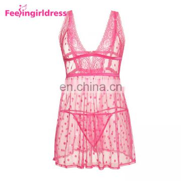 Cute Pink Polka Dot Print Women Babydoll Set Lingerie Sexy Hot