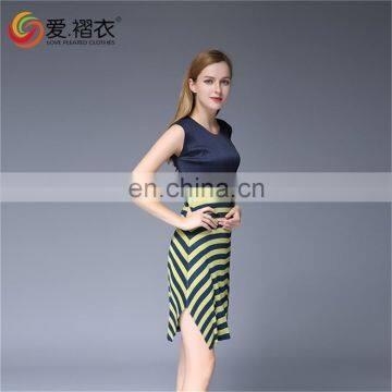 Cheap Fashion Women Clothing Side Slip Sweet Short Pleated Jiont Stripe Dress Slit up Dress photo-4