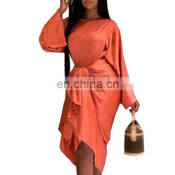 TWOTWINSTYLE Fashion Dress For Women O Neck Long Sleeve High Waist Asymmetrical Solid