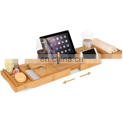 Eco-friendly Bmaboo extendable Bathtub Caddy Tray Bamboo bath Tray with Sliding Towel Holder Bath Table with Book Holder