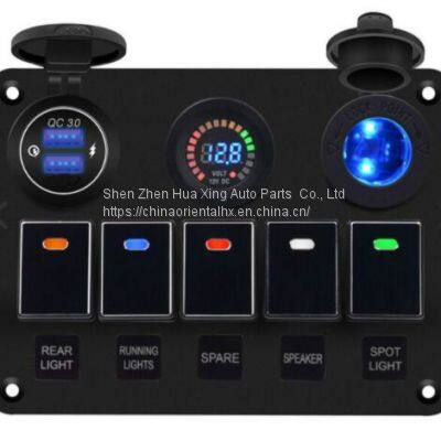 Multifunction 5 Gang Marine Rocker Switch Panel With QC3.0 Fast Car Charger Digital Voltmeter and Cigarette Lighter Socket For Bus Boat Car