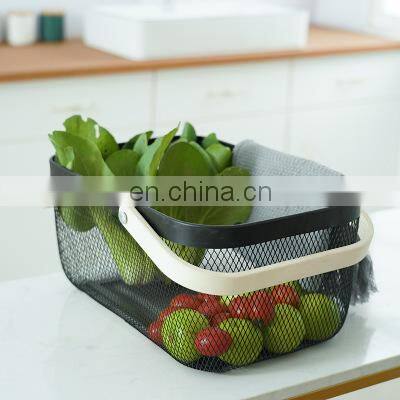 Manufacture Kitchen Home Big Size Black Metal Wire Iron Fruit Storage Basket Double Wood Handles photo-2