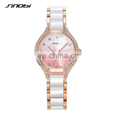 SINOBI Glitted Girls Wristwatch Blingbling Diamond Watch White Ceramic Band Hand Watch Feminine Bracelet Watch