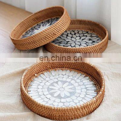 100% nature Rustic Round Plate for Table Centerpiece, Wicker Rattan Serving Tray with Shell Ornament