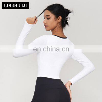 Contrast Color Sports Tight Shirts Women Long Sleeve V Neck Causal Custom Crop Tops 80nylon 20spandex photo-2