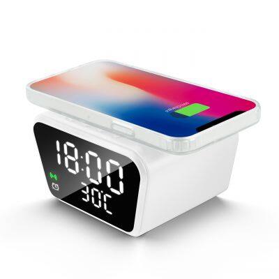 Multi-Functional LED Clock Wireless Fast 10W Charger Stand with Thermometer 3-in-1 Portable for Smartphones ROHS & FCC Certified